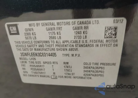 2012 Chevrolet Equinox 1Lt z USA, uszkodzony, nr VIN 2GNFLEEK0C6314405